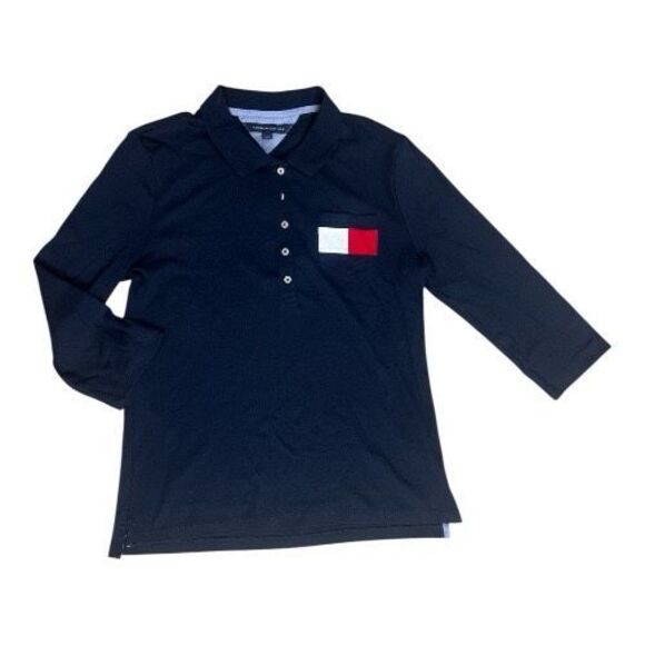 Tommy Hilfiger Women Navy Blue Polo Collar T-Shirt Size L Long Sleeve Badge Logo - Picture 1 of 12
